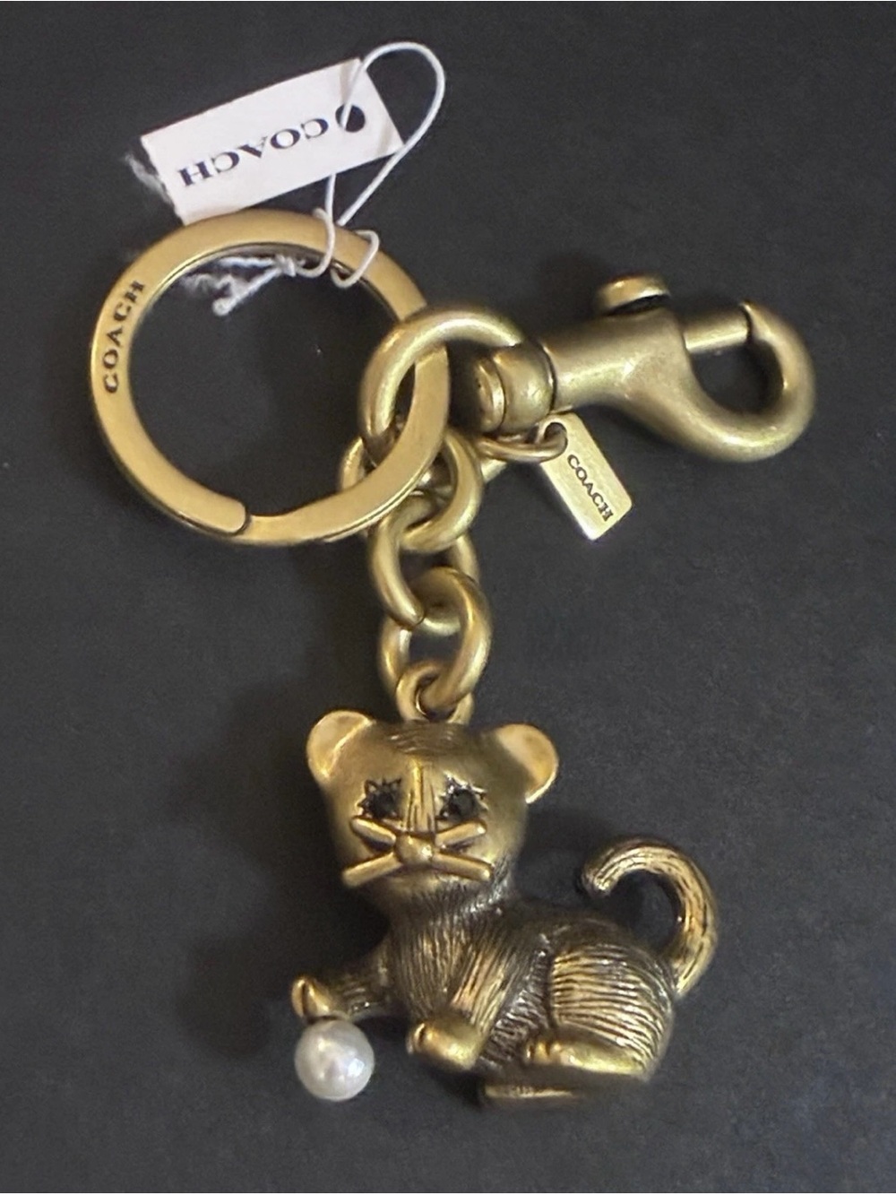 Coach Gold-Tone Cat Keychain Charm with Pearl Accent CC569 LTD - Picture 5 of 10